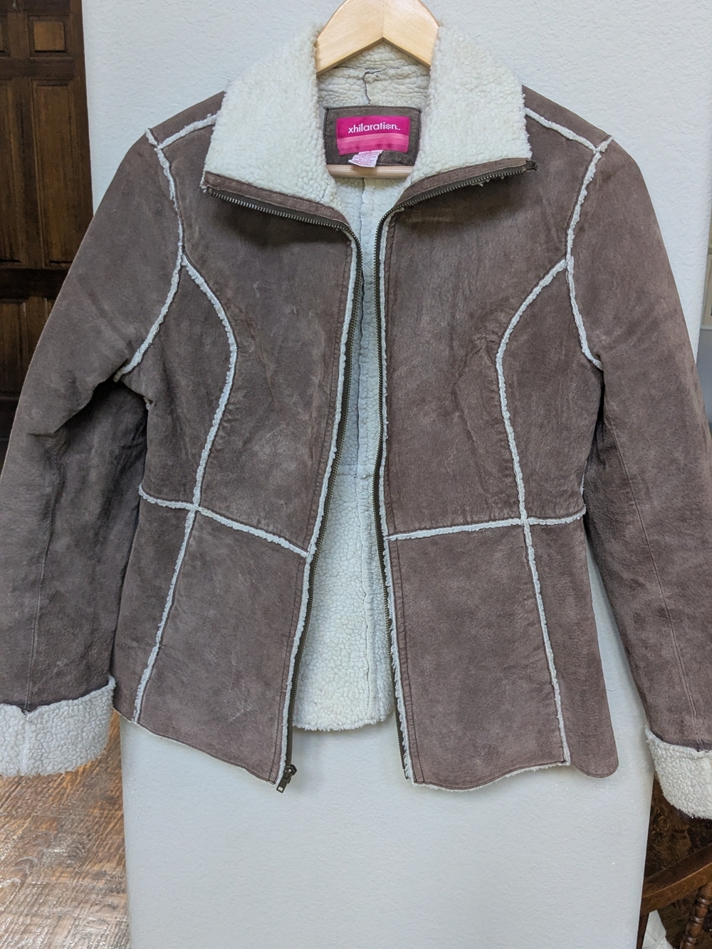 Vintage Xhilaration Brown Suede Teddy Jacket with Cream Sherpa Trim